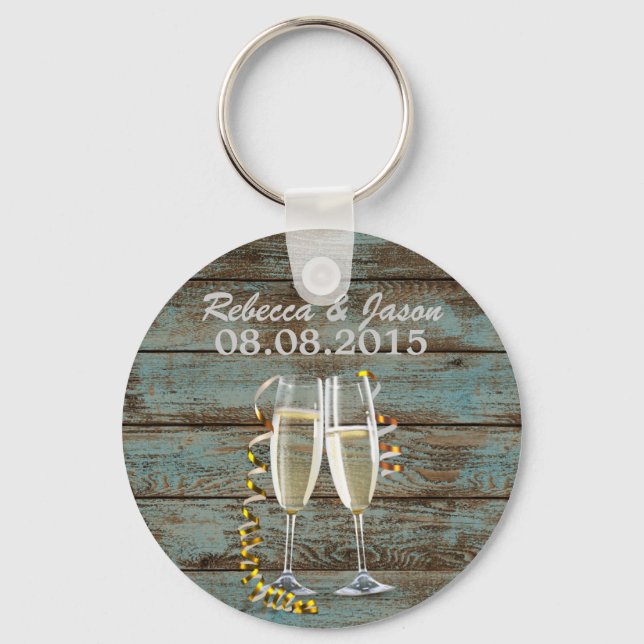 Champagne flutes rustik blue ladan bröllop nyckelring (Framsida)