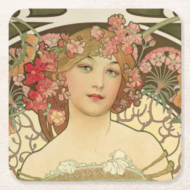 Champagne Girl Alphonse Mucha Underläggs Underlägg Papper Kvadrat (Framsidan)