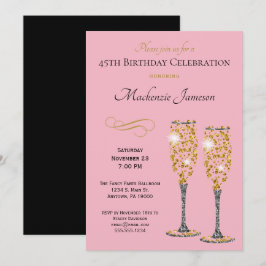 Champagne Glam Birthday bjudande Rosa Guld Black Inbjudningar