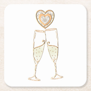Champagne Glass and Hearts Underlägg Papper Kvadrat