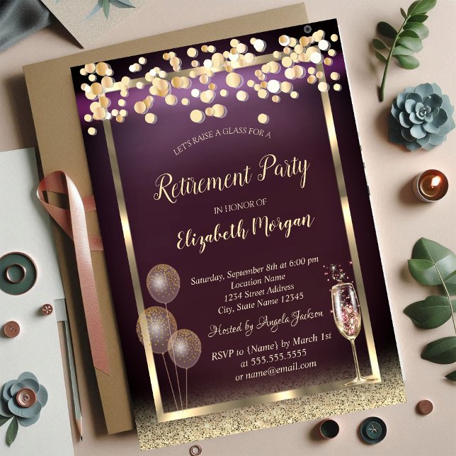 Champagne Glass Balloons Glitter Guld Pension Inbjudningar (Skapare uppladdad)