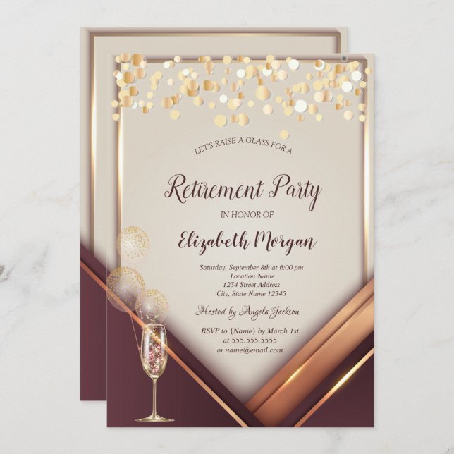 Champagne Glass Balloons Guld Ram Pension Inbjudningar (Fram/baksida)