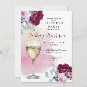 Champagne Glass Blommigt Birthday Inbjudningar