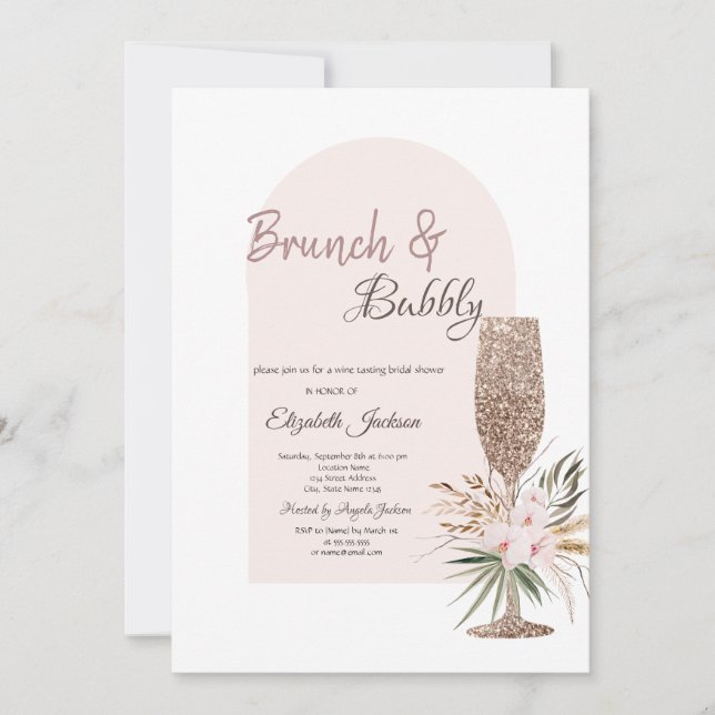 Champagne Glass Boho Flowers Brunch & Bubly Inbjudningar (Framsida)