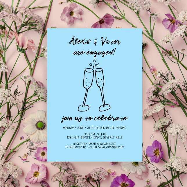 Champagne Glass Cheers Anpassningsbar Förlovningsf Inbjudningar (Champagne Glasses Cheers Custom Engagement Party Invitation Blue Hand Drawn Doodle
)