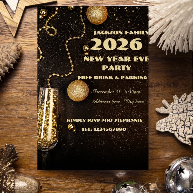Champagne glass edited black, gold new year  inbjudningar (Skapare uppladdad)