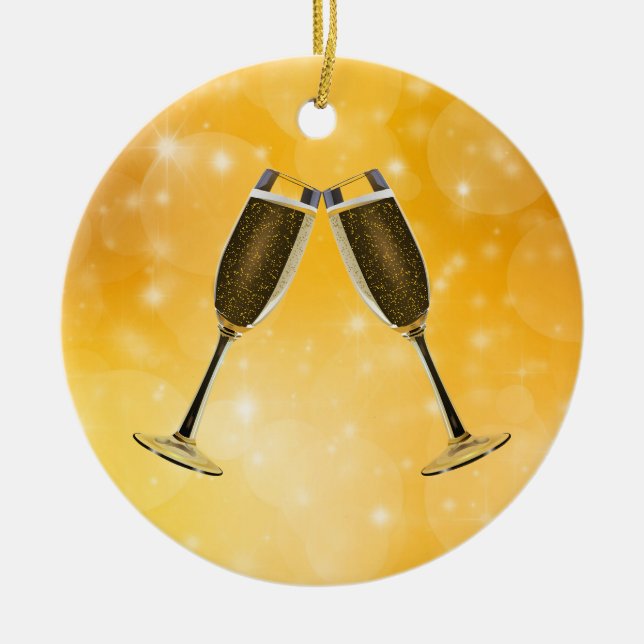 Champagne Glass Firande på Guld Julgransprydnad Keramik (Framsidan)