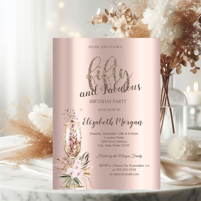Champagne Glass Flowers Ro Guld 50:e Inbjudningar (Skapare uppladdad)