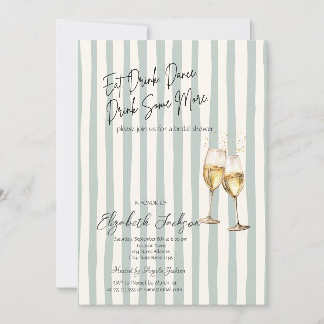 Champagne Glass Green Stripes Bridal Shower Inbjudningar (Framsida)