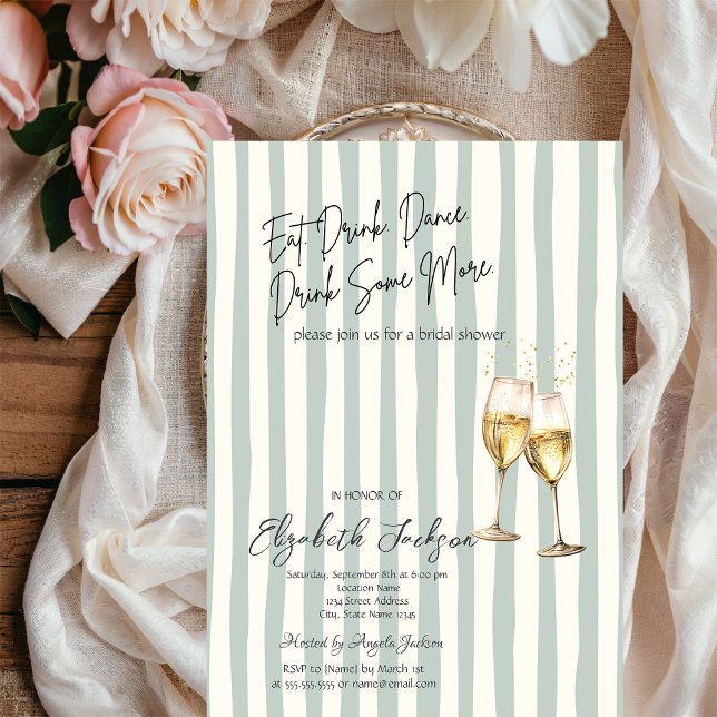 Champagne Glass Green Stripes Bridal Shower Inbjudningar (Skapare uppladdad)