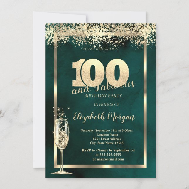 Champagne Glass Guld Confetti Grönt 100:e födelsed Inbjudningar (Framsida)