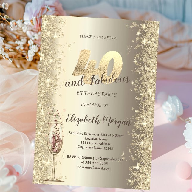 Champagne Glass Guld Confetti Ram 40:e födelsedage Inbjudningar (Skapare uppladdad)