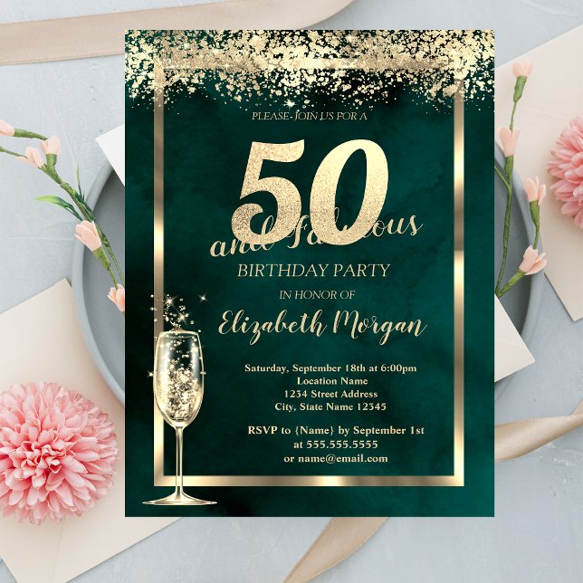 Champagne Glass Guld Konfetti Grönt 50:e födelseda Inbjudningar (Skapare uppladdad)
