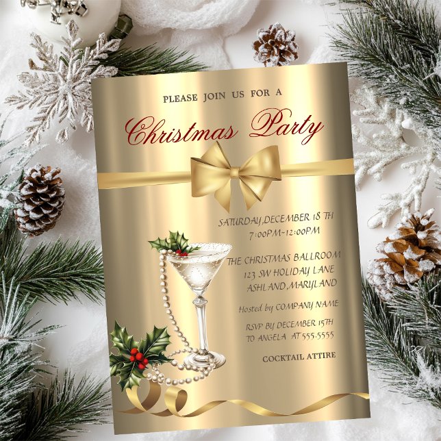 Champagne Glass Pearls Bow Gold Christmas Party  Inbjudningar (Skapare uppladdad)