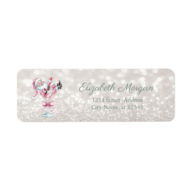 Champagne Glass Pink Santa Glittery Bokeh  Returadress Etikett (Framsidan)