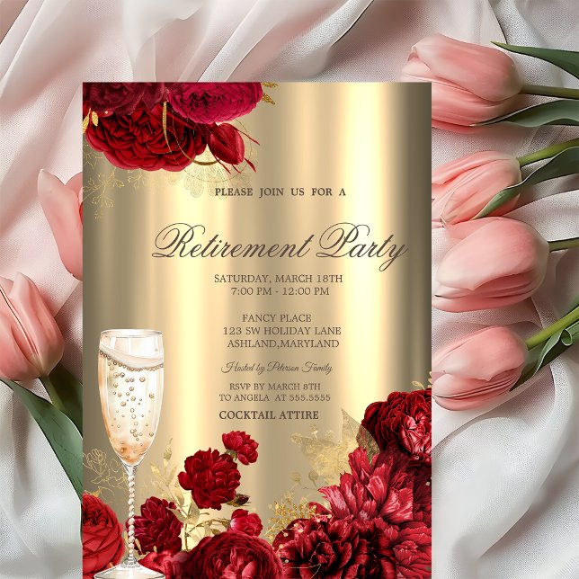 Champagne Glass Red Roses Gold Retirement Party Inbjudningar (Skapare uppladdad)