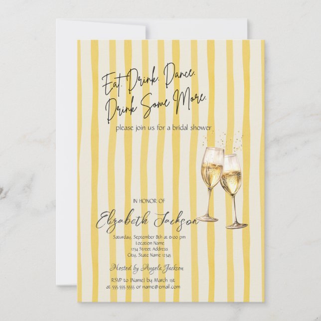 Champagne Glass Yellow Stripes Bridal Shower Inbjudningar (Framsida)