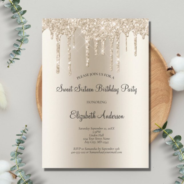 Champagne Glitter Drip Glam Sweet 16 Birthday Inbjudningar (Skapare uppladdad)