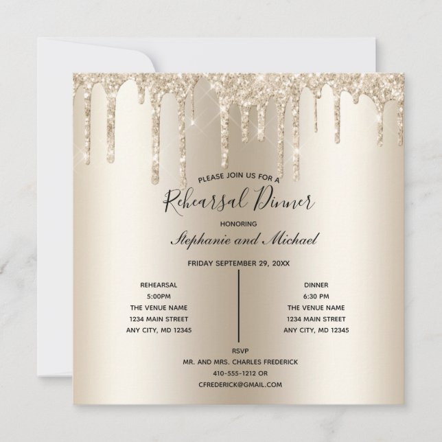 Champagne Glitter Drip Övningsmiddagsinbjudan Inbjudningar (Framsida)