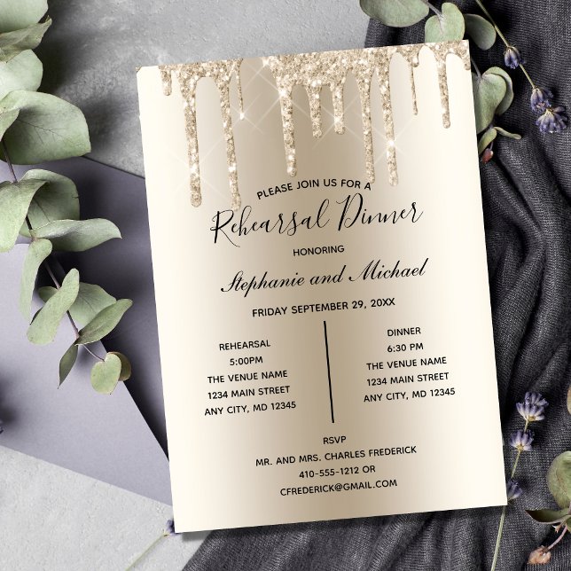 Champagne Glitter Drip Rehearsal Middagsinbjudan Inbjudningar (Champagne Gold Dripping Glitter Wedding Rehearsal Dinner Invitation)