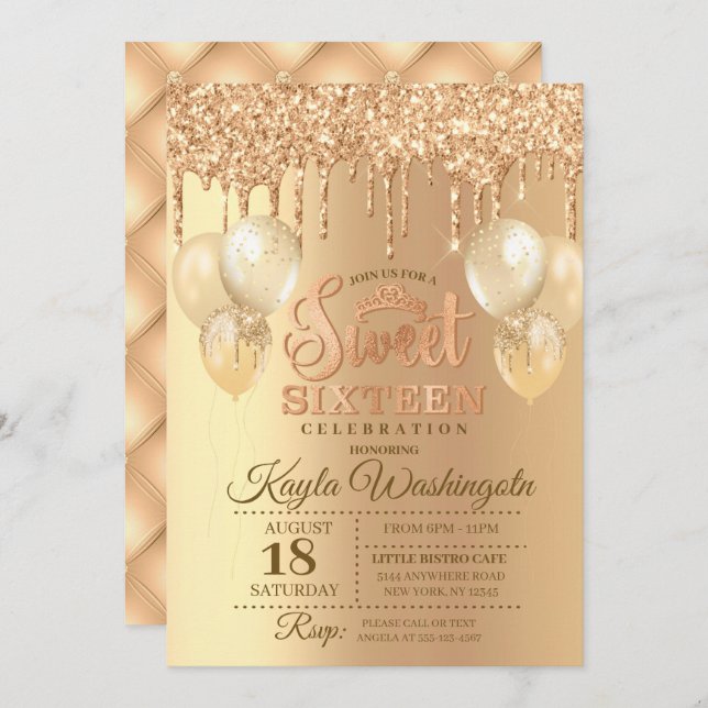Champagne Glitter Drip Sweet sixteen Birthday  Inbjudningar (Fram/baksida)