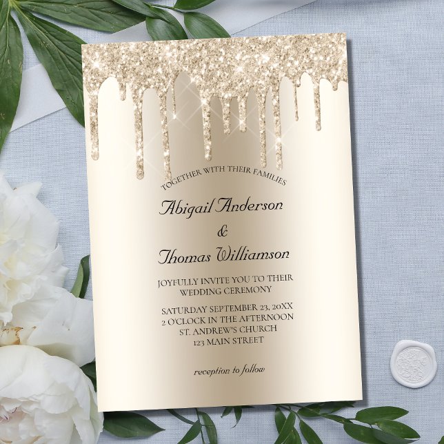 Champagne Glitter Drip Trendig Elegant bröllop Inbjudningar (Skapare uppladdad)