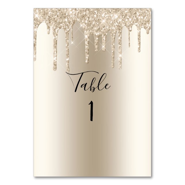 Champagne Glitter Drip Trendigt Elegant Bröllop Bordsnummer (Framsidan)