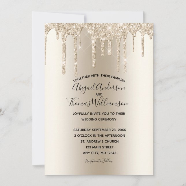 Champagne Glitter Drip Trendigt Elegant Bröllop  Inbjudningar (Framsida)