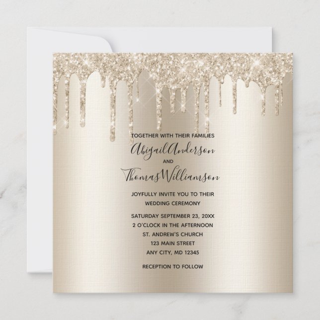 Champagne Glitter Drip Trendigt Elegant Bröllop  Inbjudningar (Framsida)
