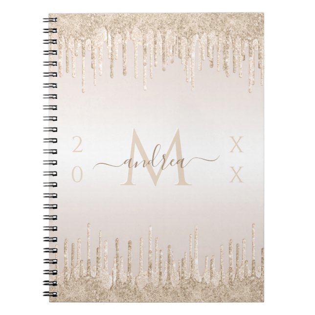Champagne Glitter-droppmonogram och årstidpunkter Anteckningsbok (Framsidan)
