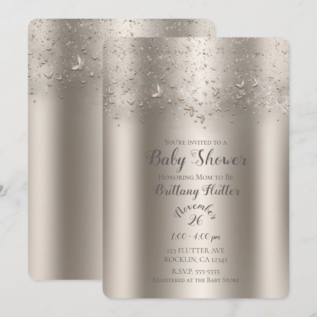 Champagne Glitter Fladder Babyshower Flicka Inbjudningar (Fram/baksida)