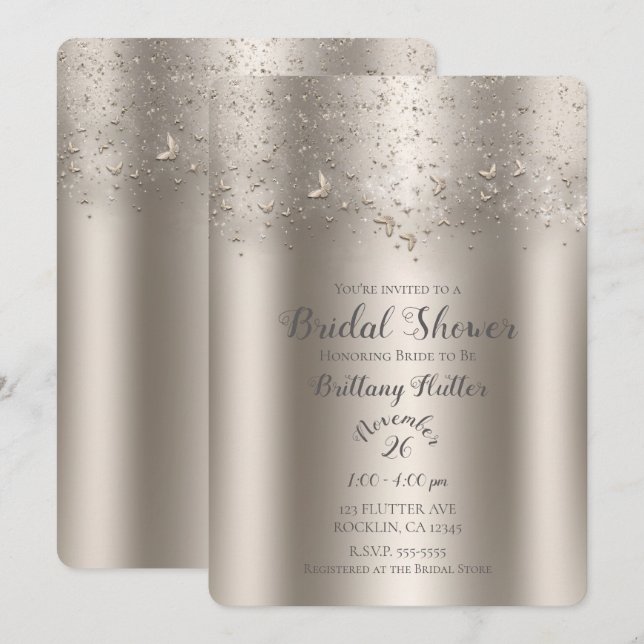 Champagne Glitter Fladder Fjäril Bröllopsdusch Inbjudningar (Fram/baksida)