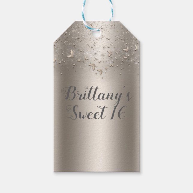 Champagne Glitter Fladder Fjäril Söt 16 Födelsedag Presentetikett (Framsidan)