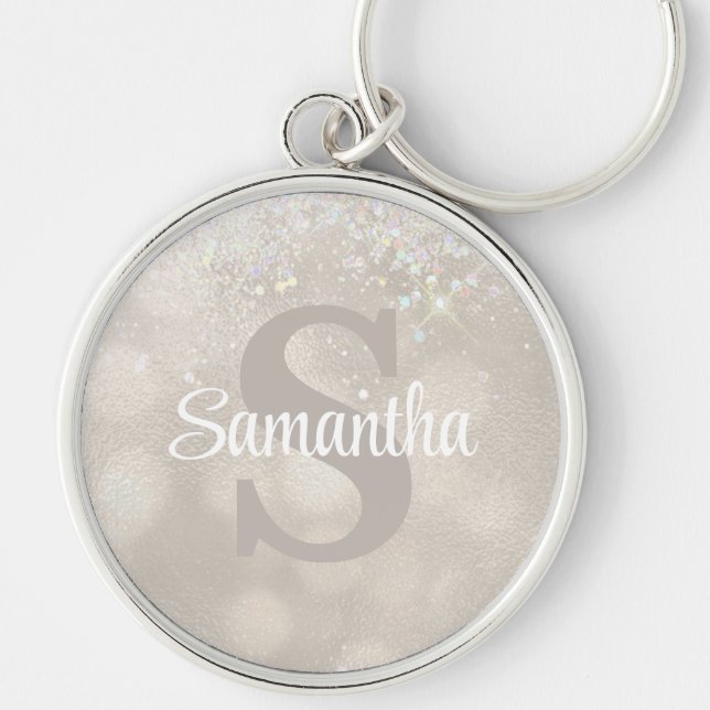 Champagne Glitter Glam Monogram Rund Silverfärgad Nyckelring (Framsidan)