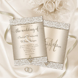 Champagne Glitter Monogram Fleur De Lis Bröllop Inbjudningar