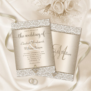 Champagne Glitter Monogram Fleur De Lis Bröllop Inbjudningar