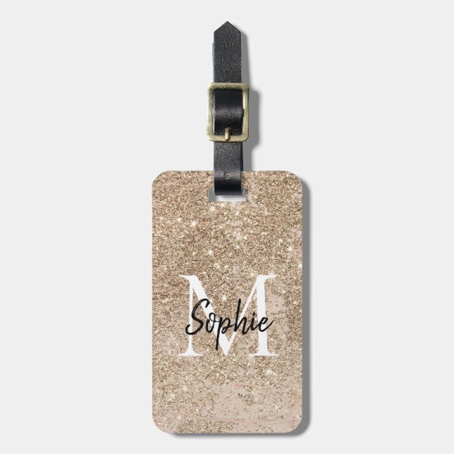 Champagne Glitter Monogram Sparkly Bagagebricka (Vertikal Framsida)