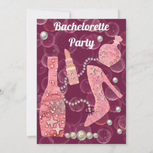 Champagne Glitter & Pearls Burgundy Bachelorette I Inbjudningar