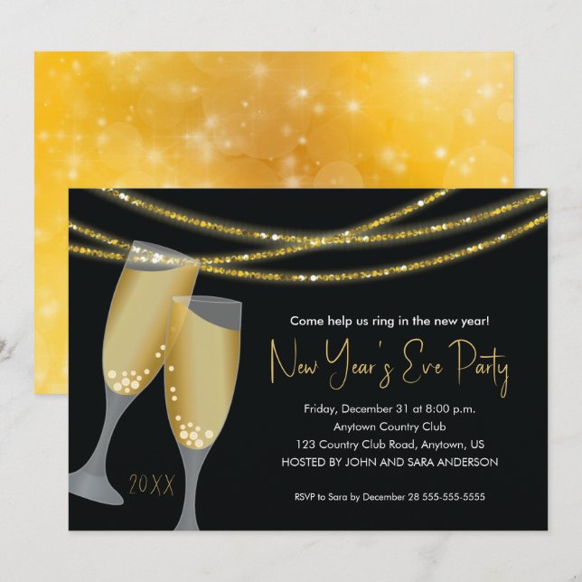 Champagne & Glitter Strings | NYÅRSAFTON PARTY Inbjudningar (Fram/baksida)