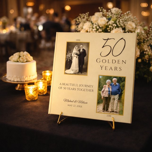 Champagne Gold 50-årsjubileum Gästbok (Champagne gold 50th anniversary guestbook on easel display)