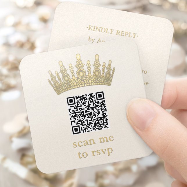 Champagne & Gold Quinceañera Crown Scan Me QR RSVP Tilläggskort (Skapare uppladdad)
