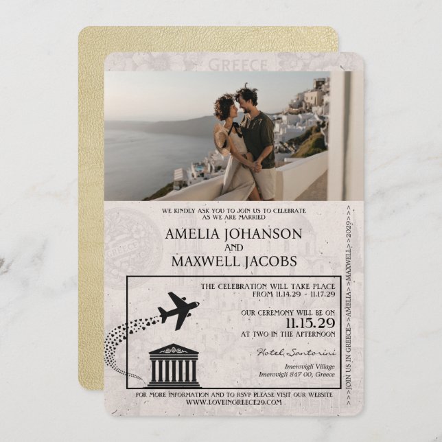 Champagne Greece Passport Wedding bjudande Inbjudningar (Fram/baksida)