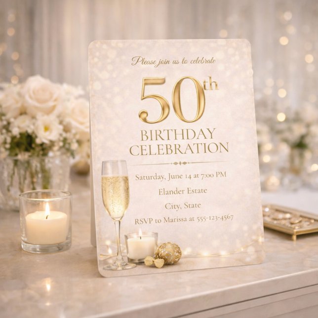 Champagne Guld 50-tals Glans Inbjudan (Champagne gold glow sets the tone for a refined 50th birthday evening celebration)