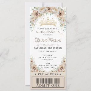 Champagne Guld Beige Blommigt Quinceañera VIP Bilj Inbjudningar