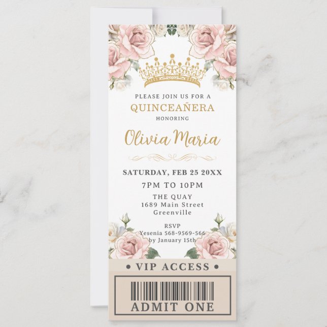 Champagne Guld  Blommigt Quinceañera VIP Biljett Inbjudningar (Framsida)