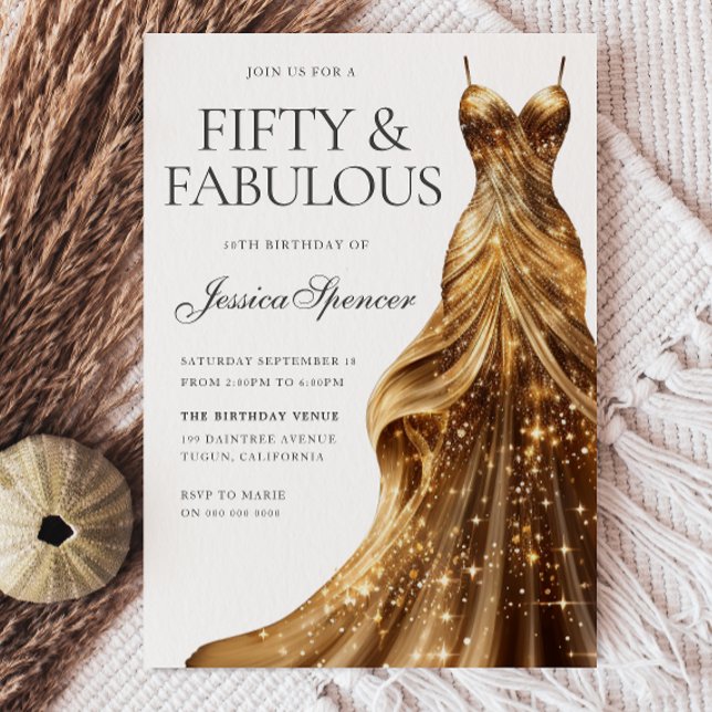 Champagne Guld Dress Fabulous 50:e födelsedagen Inbjudningar (Skapare uppladdad)