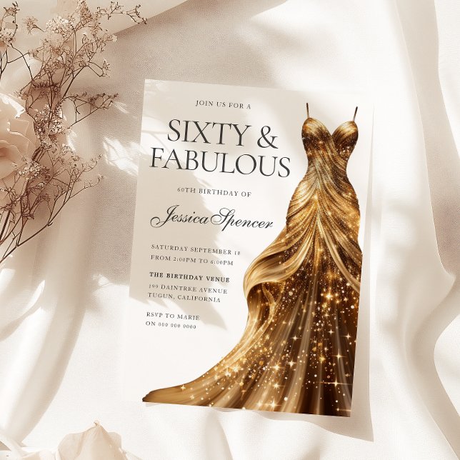 Champagne Guld Dress Fabulous 60:e födelsedagen Inbjudningar (Skapare uppladdad)