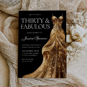Champagne Guld Dress Fabulous Black 30års födelsed Inbjudningar