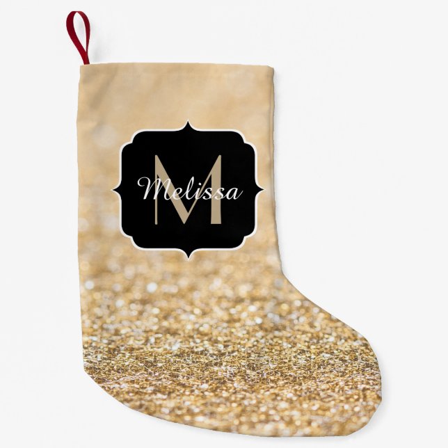 Champagne guld falskt glitter gnistrar Monogram Liten Julstrumpa (Framsidan)