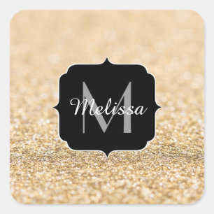 Champagne guld faux glitter sparkles Monogram Fyrkantigt Klistermärke
